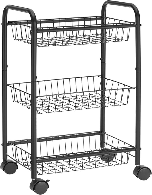 3-Tier Metal Rolling Cart on Wheels with Baskets, Lockable Utility Trolley with Handles for Kitchen Bathroom Closet, Storage with Removable Shelves, Black UBSC03BK