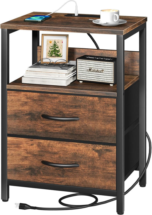 Nightstand with Charging Station, Small Night Stand with Fabric Drawers and Storage Shelf for Bedrooms, Small Spaces, Bedside Table with USB Ports & Outlets