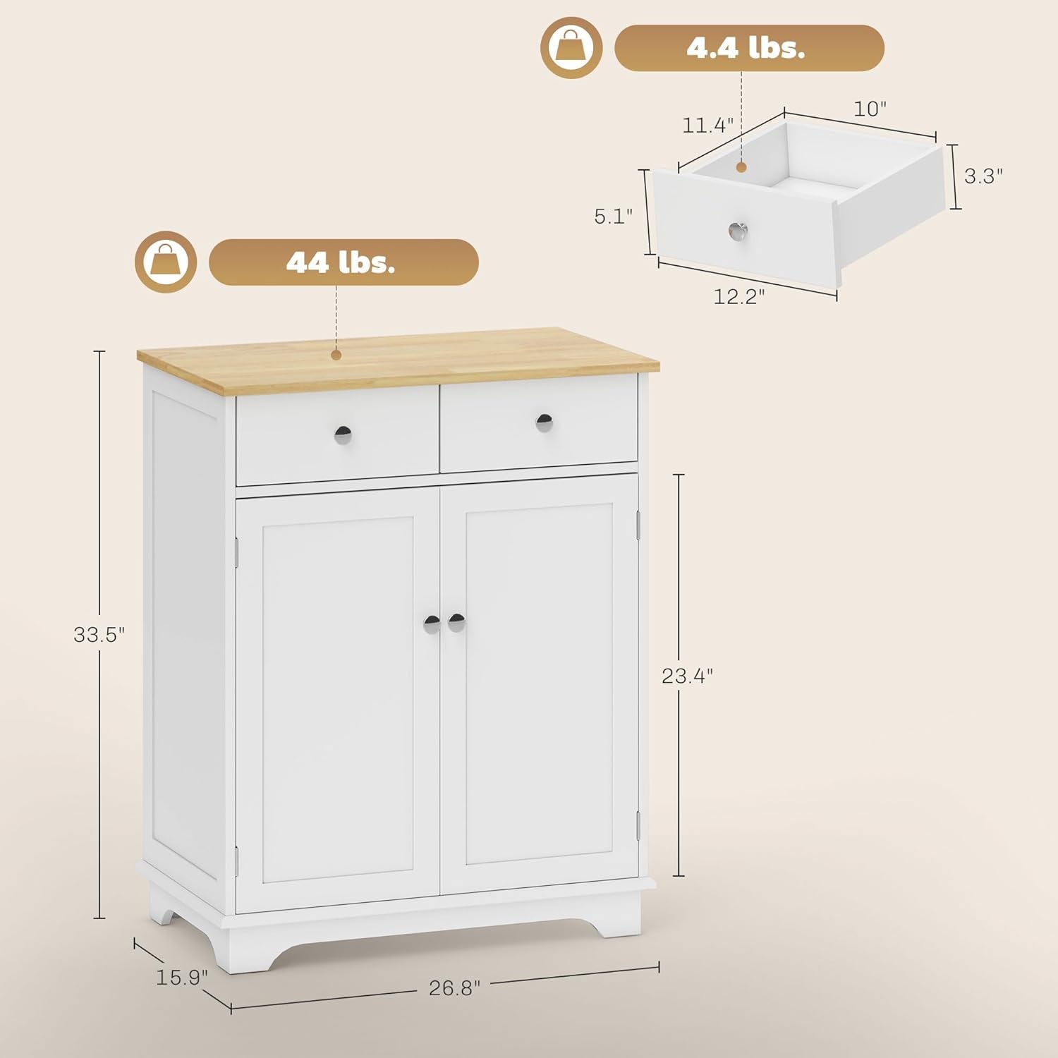 Sideboard with Solid Wood Countertop, Modern Kitchen Storage Cabinet, Coffee Bar Cabinet with 2 Drawers, Doors and Adjustable Shelf, White