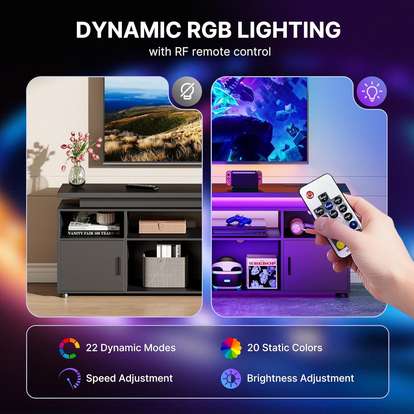 TV Stand, Entertainment Center with LED Lights and Cabinet for 70/75/80 Inch TV, Modern TV Console Gaming Media Television Stands with Power Outlets for PS5 in Living Room and Bedroom, Black