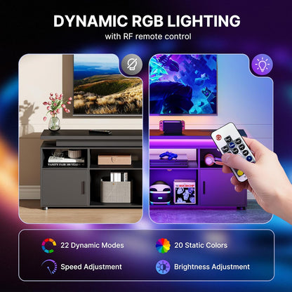 TV Stand, Entertainment Center with LED Lights and Cabinet for 70/75/80 Inch TV, Modern TV Console Gaming Media Television Stands with Power Outlets for PS5 in Living Room and Bedroom, Black