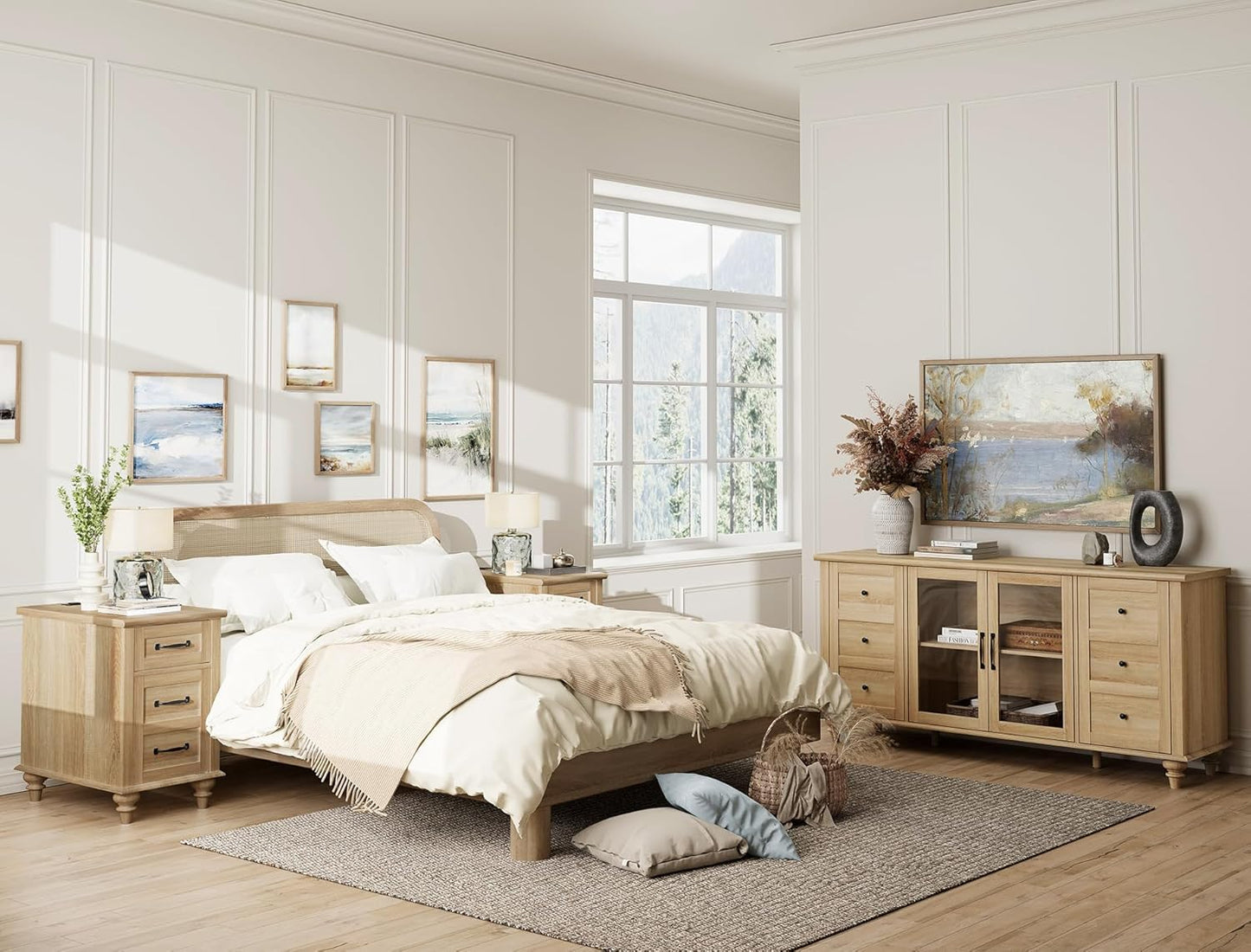 Glass Door Farmhouse TV Stand for Tvs up to 75 Inch, Wood Universal TV Console Table with 4 Storage Cabinets, Entertainment Center for 32-75 Inch TV Console Cabinet, 58'',Oak