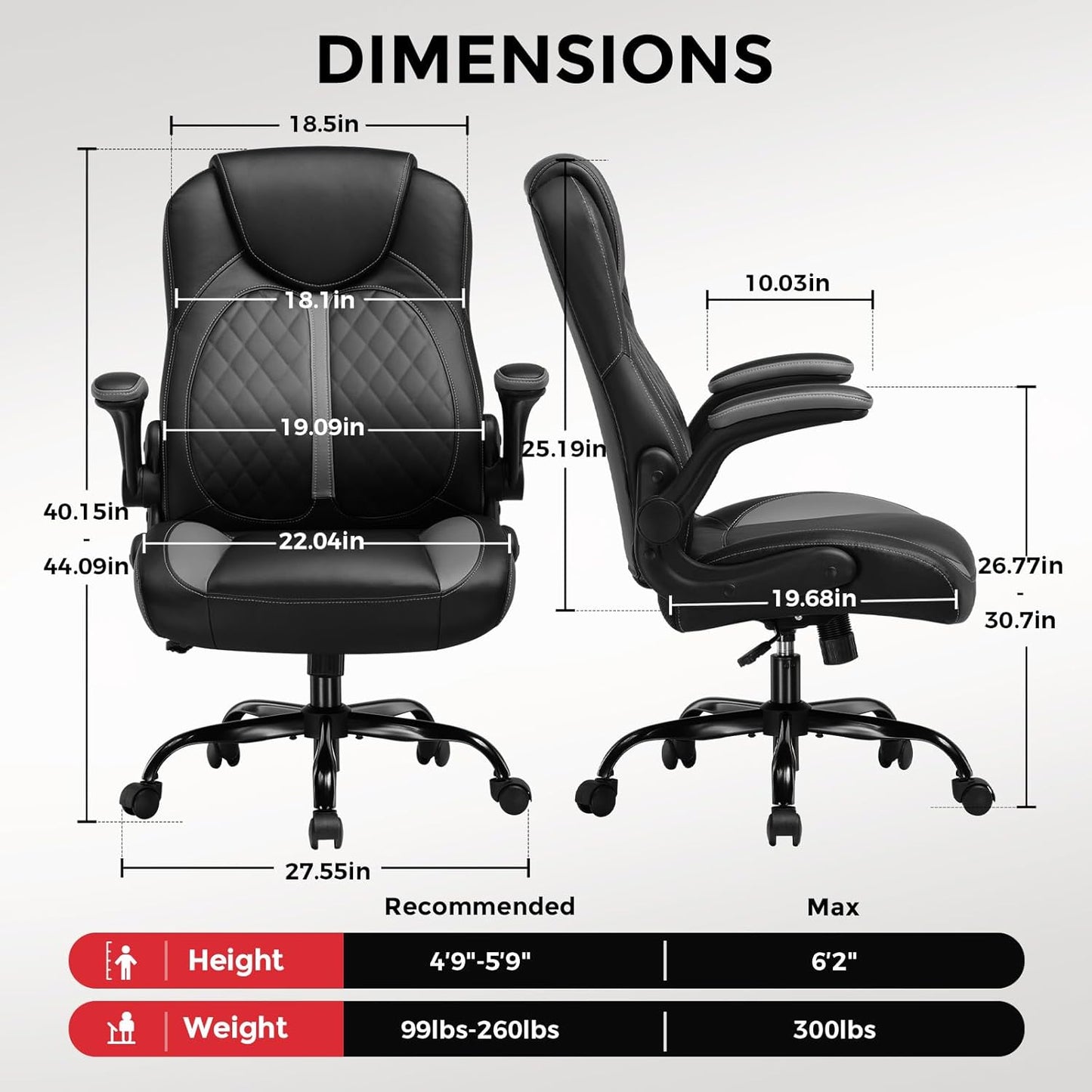 Office Computer Gaming Chair Ergonomic Desk Chair for Adults with Lumbar Support Flip-Up Arms Adjustable Height Swivel Wheels PU Leather Executive Design for Short People Use, Gray