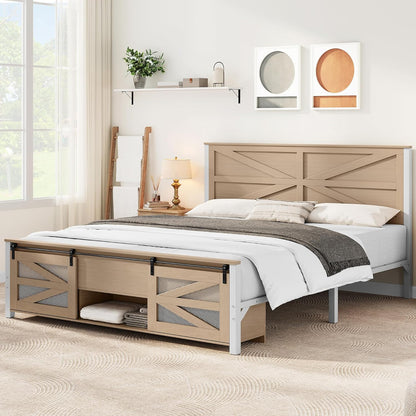 Queen Size Farmhouse Bed Frame with Sliding Barn Door Storage Cabinets, Platform Bed Frame with 47.2" Headboard, Solid Metal Slats Support, Noiseless, No Box Spring Needed, Oak