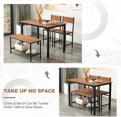 Dining Table Set for 4, 43" Kitchen Table and Chairs, Dining Bench with Metal Frame & Storage Rack, 4-Piece Modern Functional Desk Set for Dinette, Small Space, Apartment, Restaurant, Walnut