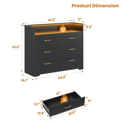 6 Drawer Dresser with LED Light and Charging Station, Black, view 3