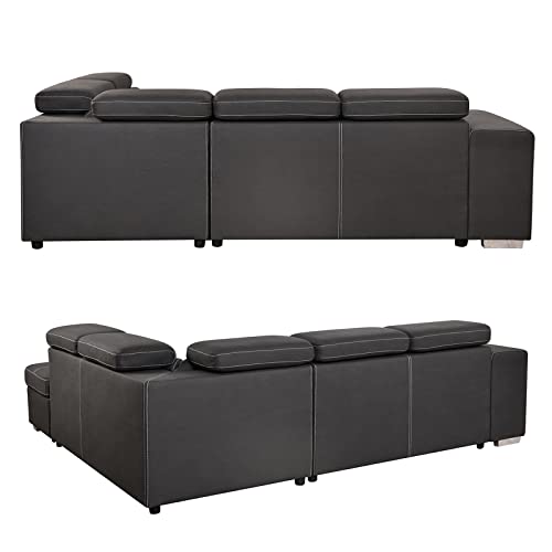 104'' Microfiber L Shaped Sectional Sleeper Sofa Couch with Pull Out Bed and Storage Ottoman, Convertible Couches with Adjustable Headrest for Living Room, Right Facing Chaise. Charcoal Grey