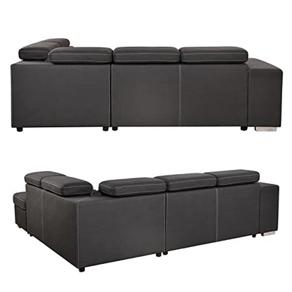 104'' Microfiber L Shaped Sectional Sleeper Sofa Couch with Pull Out Bed and Storage Ottoman, Convertible Couches with Adjustable Headrest for Living Room, Right Facing Chaise. Charcoal Grey
