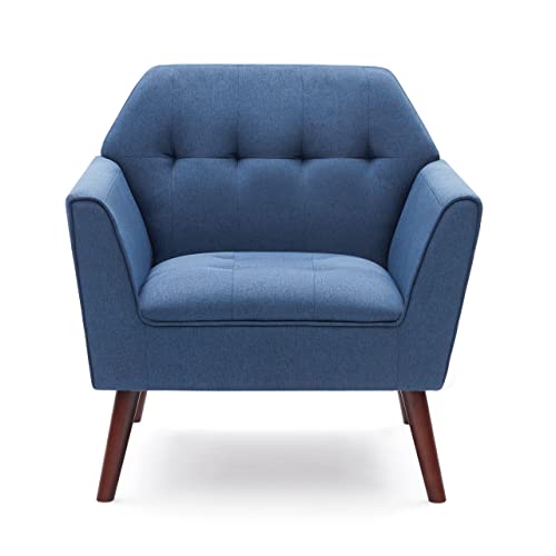 Accent Chairs for Bedroom, Midcentury Modern Living Room Accent Arm Chair, Linen Fabric Comfy Reading Chair, Tufted Sofa Chair, Blue