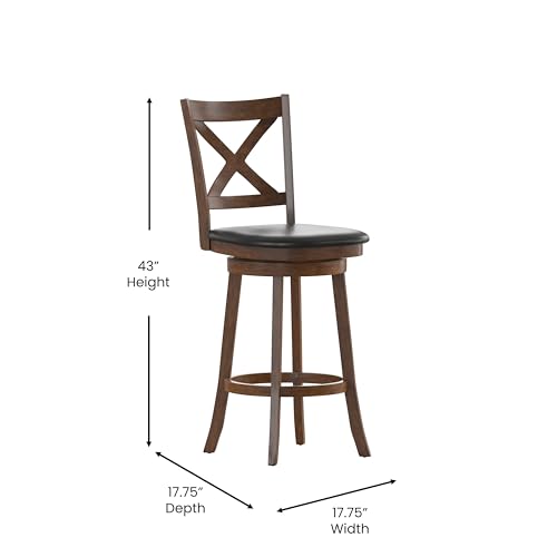 Sora Crossback Swivel Bar Height Stool - Antique Oak Finish - 30" H Padded Black Faux Leather Seat - 360° Swivel - Integrated Footrest