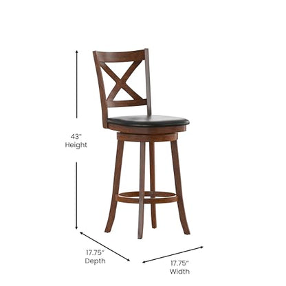 Sora Crossback Swivel Bar Height Stool - Antique Oak Finish - 30" H Padded Black Faux Leather Seat - 360° Swivel - Integrated Footrest