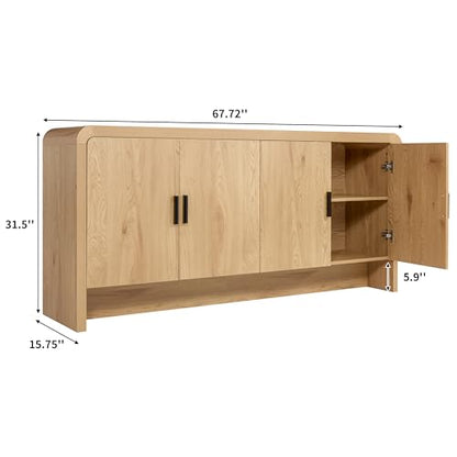 68'' Sideboard Buffet Cabinet with Storage, Curved Design Credenza Storage Cabinet with 4 Doors, Console Cabinet for Kitchen, Living Room & Hallway, Natural