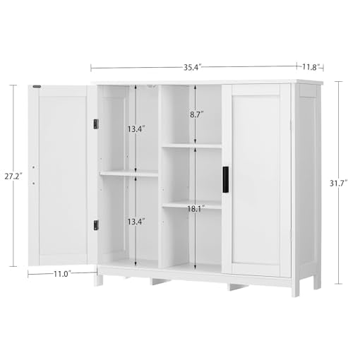 Storage Cabinet with 2 Doors and 4 Storage Shelves, Credenza Buffet Cabinet, Bathroom Cabinet for Living Room, Entryway, Home Office, White