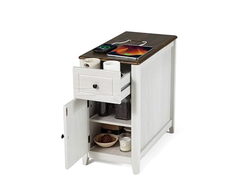Farmhouse End Table with Charging Station, USB-C, Narrow Side Table with Storage Cabinet and Deep Drawer, Small Nightstand with Hidden USB Ports and Outlets for Living Room, Bedroom, Office, White