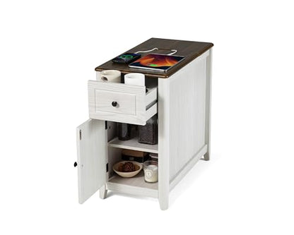 Farmhouse End Table with Charging Station, USB-C, Narrow Side Table with Storage Cabinet and Deep Drawer, Small Nightstand with Hidden USB Ports and Outlets for Living Room, Bedroom, Office, White
