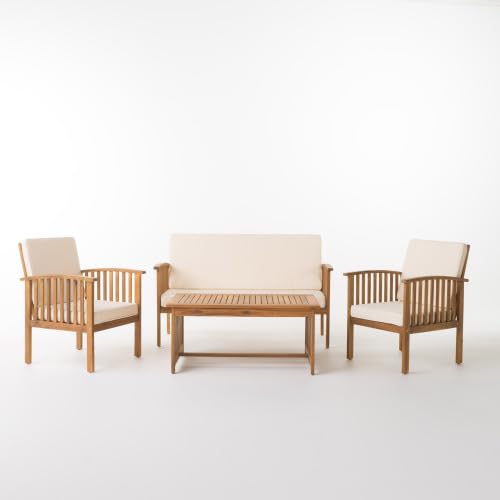 4 Piece Outdoor Conversation Set Acacia Wood Patio Furniture withWater Resistant Cushions 4pc Loveseat and Club Chairs for Backyard Garden Porch Outdoor Living Space Aesthetic Patio Decor Finds
