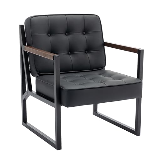 Mid Century Modern Accent Chair Set of 2, Comfy Living Room Chair, Black Leather Accent Chair, Faux Leather Reception Armchair with Metal Legs for Living Room Bedroom Reception Office, Black