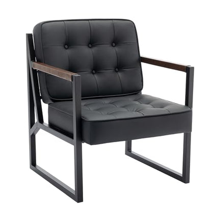 Mid Century Modern Accent Chair Set of 2, Comfy Living Room Chair, Black Leather Accent Chair, Faux Leather Reception Armchair with Metal Legs for Living Room Bedroom Reception Office, Black