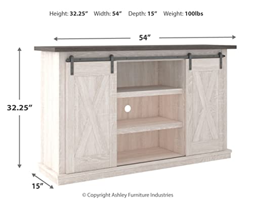 Signature Design by Ashley Dorrinson Farmhouse TV Stand Fits TVs up to 50" with Sliding Barn Doors and Storage Shelves, Whitewash & Gray
