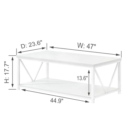 White Coffee Table with Storage Shelf, Modern Rustic Wood and Metal Center Table for Living Room, 47 Inch
