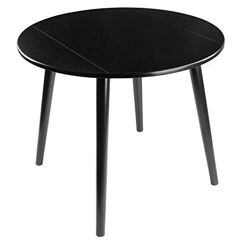 Wood Moreno Round Drop Leaf Table - Mid-Century Modern Style, Compact Size, Solid Wood, Black Finish, Console Function, Easy Assembly