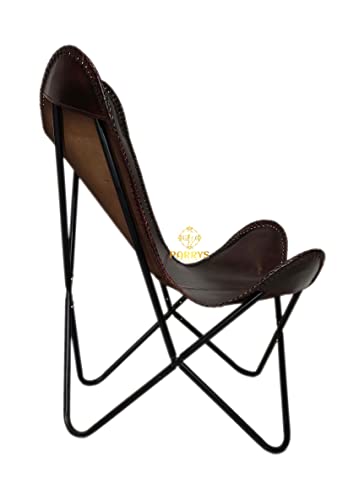 Leather Butterfly Chair with Folding Iron Frame - Handmade Dark Brown Accent Lounge Chair for Living Room, Bedroom, Patio