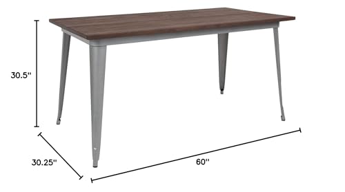 Kenneth 30.25" x 60" Rectangular Silver Metal Indoor Table with Walnut Rustic Wood Top