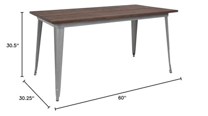 Kenneth 30.25" x 60" Rectangular Silver Metal Indoor Table with Walnut Rustic Wood Top