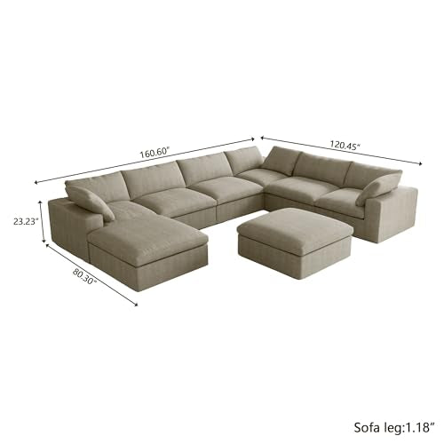 Cloud Modular Sectional Sofa,Down Filled Comfort Oversized Living Room Sets for Living Room,Large 8 Seater Minimalist Wide Deep Seat Convertible Couches,Sofa Cover Washable & Removable (Khaki)