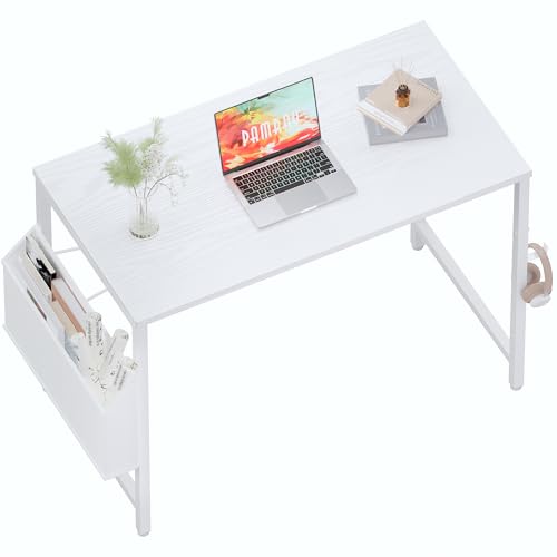 32 Inch Computer Desk Small Spaces Desk with Storage Bag for Bedroom Writing and Home Office Work Small Study Desk Table White