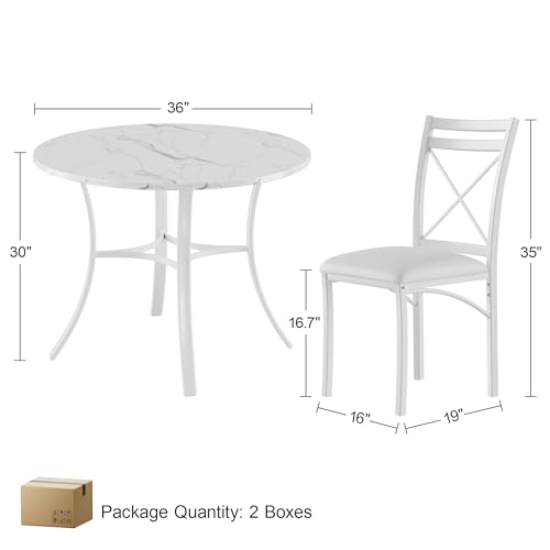 5 Piece Dining Table Set for 4 with Chairs, Faux Marble Tabletop, Small Space, Kitchen, Breakfast Nook, White