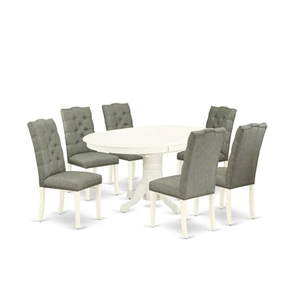 AVEL7-LWH-07 7 Piece Modern Dining Table Set Consist of an Oval Wooden Table with Butterfly Leaf and 6 Gray Linen Fabric Parsons Dining Chairs, 42x60 Inch, Linen White