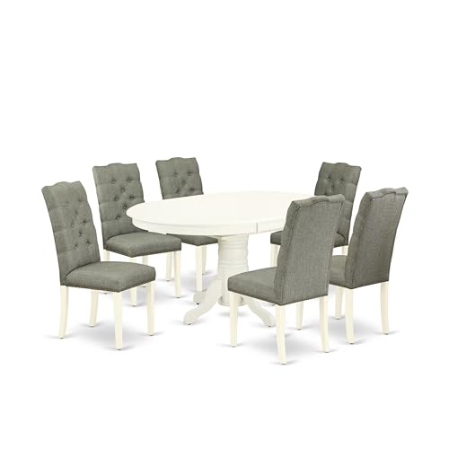 AVEL7-LWH-07 7 Piece Modern Dining Table Set Consist of an Oval Wooden Table with Butterfly Leaf and 6 Gray Linen Fabric Parsons Dining Chairs, 42x60 Inch, Linen White