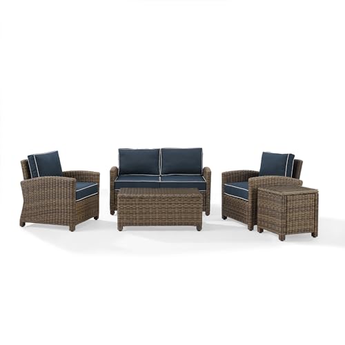 Crosley Furniture KO70050WB-NV Bradenton Outdoor Wicker 5-Piece Seating Set (Loveseat, 2 Arm Chairs, Side & Coffee Table), Weathered Brown with Navy Cushions