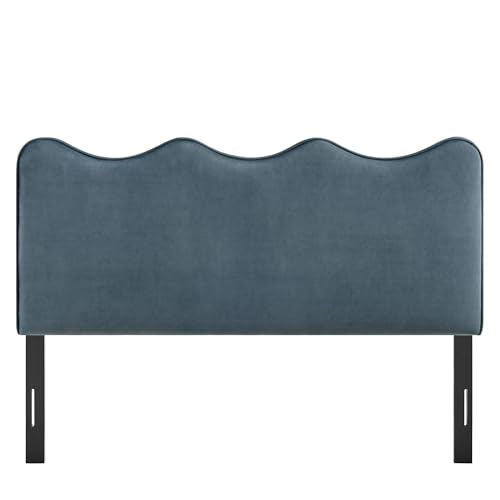 Monday Athena Queen Size Performance Velvet Adjustable Headboard in Cadet Blue - with Scalloped Wave Design and Stain-Resistant Velvet Upholstery