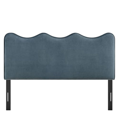 Monday Athena Queen Size Performance Velvet Adjustable Headboard in Cadet Blue - with Scalloped Wave Design and Stain-Resistant Velvet Upholstery