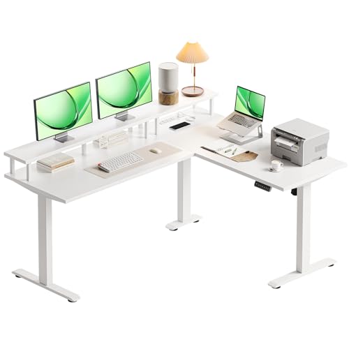Electric L-Shaped Standing Desk, 59 Inch Height Adjustable Office Desk with Monitor Stand, Sit-Stand Desk with Power Outlets, Large Lift Table for Home, Office, Workstation, White