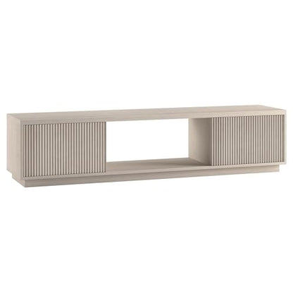 Fluted TV Stand for TVs up to 78" with 2 Ribbed Side Storage Cabinets and Open Center Storage for Living Room, Family Room, or Office, Beech White