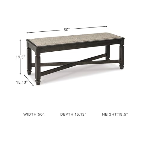 Signature Design by Ashley Tyler Creek Farmhouse Upholstered Dining Room Bench with Tapered Legs, Heavy Woven Fabric, Wood, 19.5" High Seat, Black & Gray