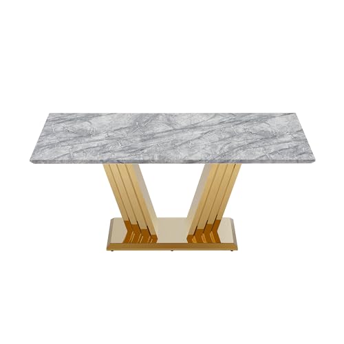 Marble Dining Table for 6 People, 70'' Rectangle Faux Marble Dining Table with Mirrored Stainless Steel Base, Large Size Marble Kitchen Table (Gold,Grey)(only Table)