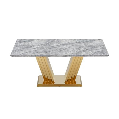 Marble Dining Table for 6 People, 70'' Rectangle Faux Marble Dining Table with Mirrored Stainless Steel Base, Large Size Marble Kitchen Table (Gold,Grey)(only Table)