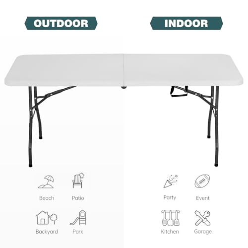 6 Foot Outdoor Dining Table, Foldable Portable Rectangular Plastic Folding Table with Built in Carrying Handle for Party and Wedding Use, White