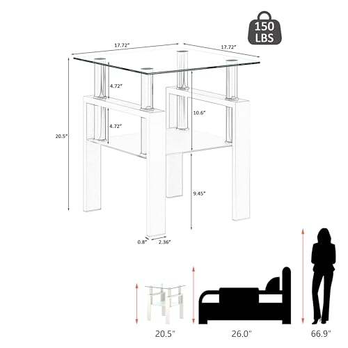 White two-tier glass top square side table with metal legs, view 3