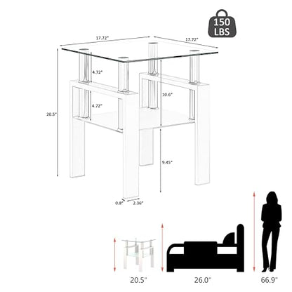 White two-tier glass top square side table with metal legs, view 3