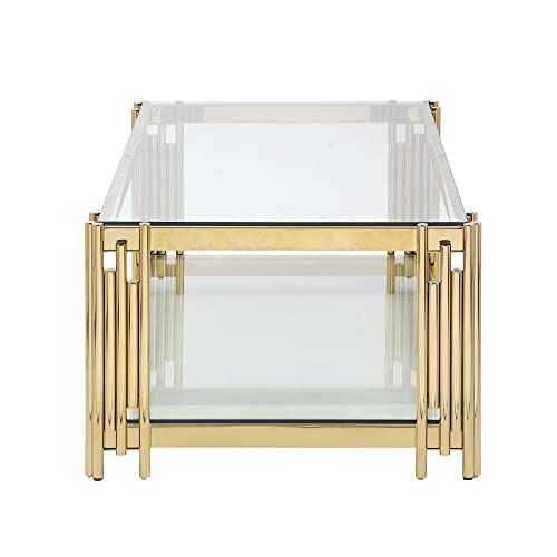 Luxury Clear Glass Coffee Table with Gold Stainless Steel Frame | Rectangle 2-Tier Coffee Table for Living Room Modern Elegant Cocktail Center Table with Storage Shelves for Home Office