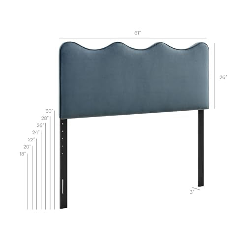 Monday Athena Queen Size Performance Velvet Adjustable Headboard in Cadet Blue - with Scalloped Wave Design and Stain-Resistant Velvet Upholstery