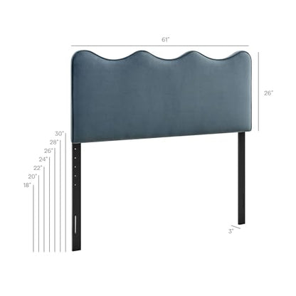 Monday Athena Queen Size Performance Velvet Adjustable Headboard in Cadet Blue - with Scalloped Wave Design and Stain-Resistant Velvet Upholstery