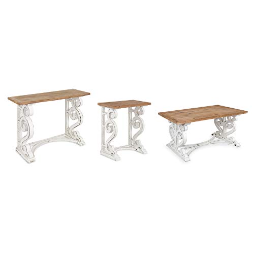 Wyldwood Rustic French Solid Wood Side Table, 24" x 14" x 12.75", White and Rustic Brown, Chic Farmhouse Inspiration, Natural Wood Top
