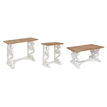 Wyldwood Rustic French Solid Wood Side Table, 24" x 14" x 12.75", White and Rustic Brown, Chic Farmhouse Inspiration, Natural Wood Top