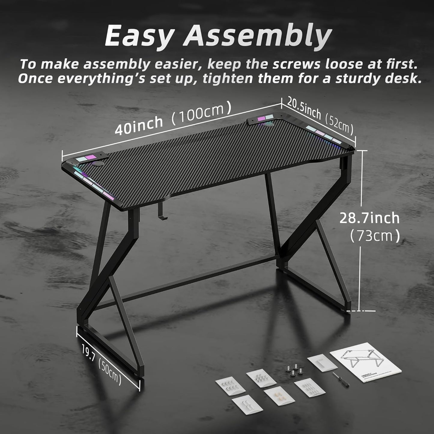 Gaming Desk with LED Lights, 40 Inch Computer Desk Z Shaped Gamer Workstation, Gaming Table with Carbon Fiber Surface, PC Gamer Desk, Black